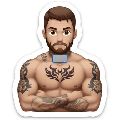 tattoo man, fair white skintone,brown hair, tattoos on face, more visible, bulky man with tattos on his chest, heavy tattoos. sticker
