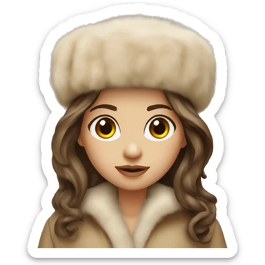 Slavic girl with dark eyes and brown wavy long hair wearing a beige fur hat and beige Mink fur coat sticker