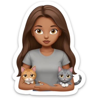a pretty bratz dusky girl with long brown hair with four cats nd wearing a grey tshirt sticker