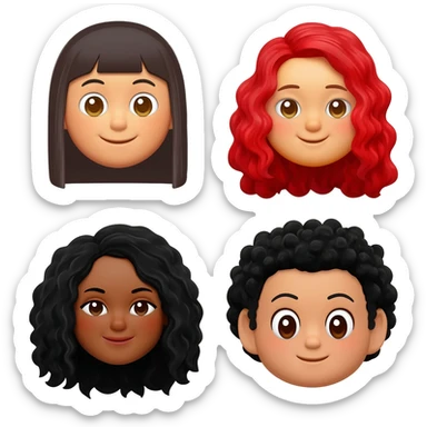 Faça o emoji de 4 amigas, uma com cabelo liso, uma com cabelo cacheado longo vermelho, uma com cabelo cacheado longo preto e uma com. O cabelo cacheado curto preto sticker
