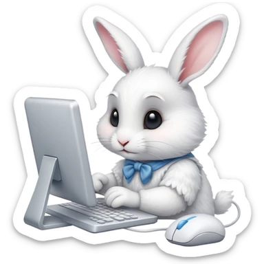 Little white rabbit working on computer sticker