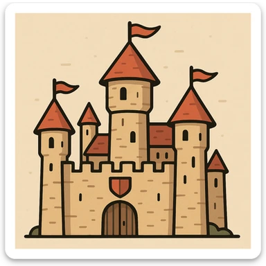 Camelot castle icon for a map, flat design, clean lines, minimalistic, strong contrast sticker