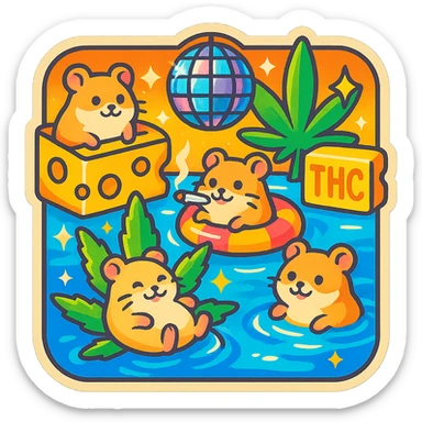 square Discord server icon, retro sticker style, hamsters at a pool party with weed, cheese, THC theme, disco ball, bright nostalgic colors, sparkles, bold outlines, fun pool floats, centered clear playful composition sticker