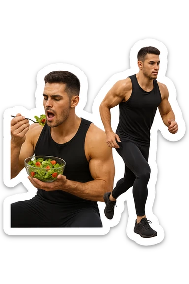 uomo fitness che mangia insalata accanto a uomo identico esteticamente che corre, iperrealistici 4k sticker