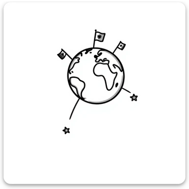 Hand-drawn globe with small country flags from different nations sticking out from the continents sticker