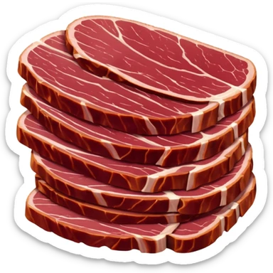 several thin slices of air-dried beef, rich burgundy-red, glossy and smooth, edges darker and curved, visible fine grain, slices overlap, no board or garnish, soft lighting, emoji size sticker