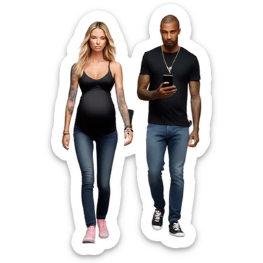 Photo of a Victoria secret model pregnant walking next to a tattooed male model on their cell phones sticker
