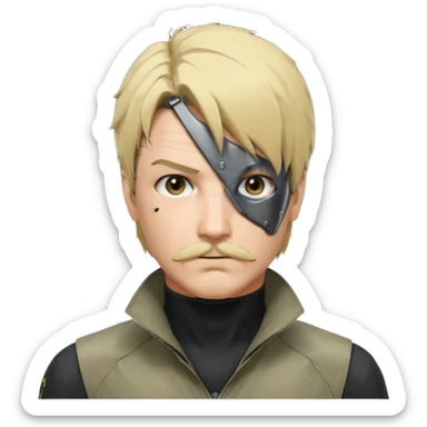Style : Manga détaillé façon Metal Gear Solid — lignes nettes, ombres douces, couleurs vives. Personnage : cache-œil noir à gauche, cheveux blonds mi-courts avec côtés foncés, yeux marron, moustache fine, sweat clair.  sticker