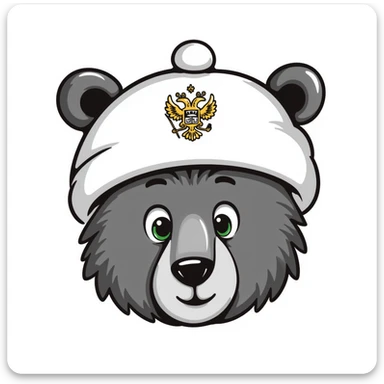 Cute grizzly bear face with green eyes, wearing a white fur hat with golden Russian coat of arms in the middle sticker