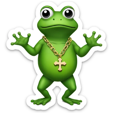 meme frog wearing cross necklace walking on two hands sticker