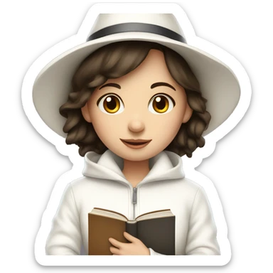 brunette girl in a white jacket in a white hat hugs a book sticker