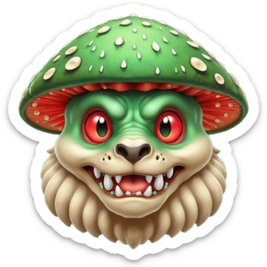 poisonous mushroom beast portrait, head and shoulders only, wolf-like face, mushroom cap growths on head, glowing green spores, sharp teeth, fantasy animal monster style, 3D cartoon, mobile game icon style, clean background, no text, no watermark

 sticker