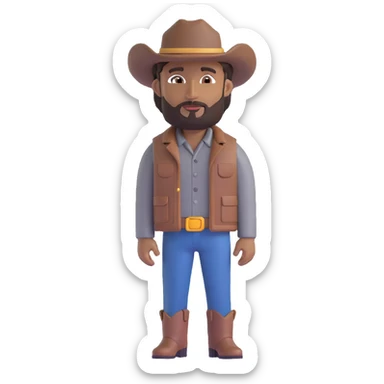 male cowboy emoji, medium brown skin, brown eyes, medium musculature, beard and goatee, brown leather hat, gray shirt, black and gray jacket, full body, side view sticker
