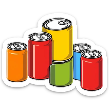 Four assorted canned food cans arranged together, showing different types of canned foods sticker