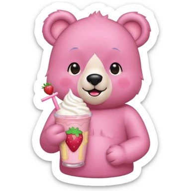 A pink bear is holding a strawberry and drinking a strawberry milkshake 
transparent background 
the style should be a teenager's hand-drawn, 2D, 2020s Japanese character-like sticker