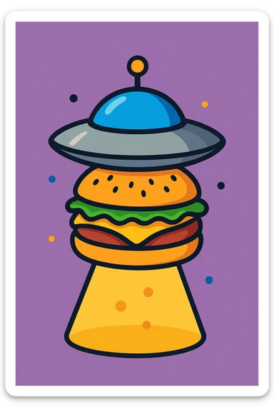 burger with metallic UFO rim and antenna, hovering with a beam of light, cute friendly style sticker