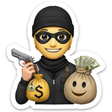 smiley robber wears black eye mask and black beanies with one money bag beside him sticker