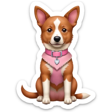 Australian red heeler dog sitting down facing forward, with a pink collar around neck sticker