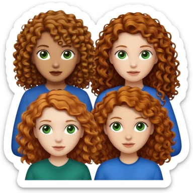 Make me 3 girls. One with medium size curly ginger hair, white skin and green eyes,  one with long curly dark brown hair with a little just a little darker skin and brown eyes,  and one with white skin and straight dark blonde hair and blue eyes  sticker