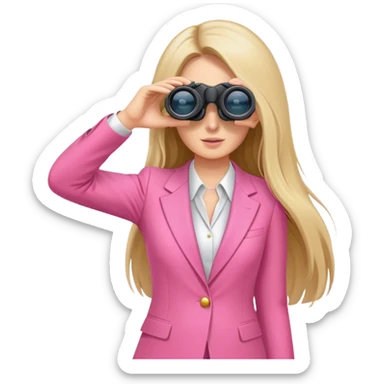 white female employee with long hair in pink suit using binoculars sticker
