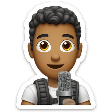 A young man with podcast mic sticker