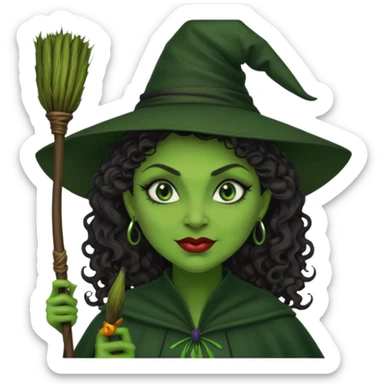 elphaba wicked witch with broom close up, evil dark curly hair, green skin, thick lips, cheekbones, smirk evil menacing cythia erivo sticker