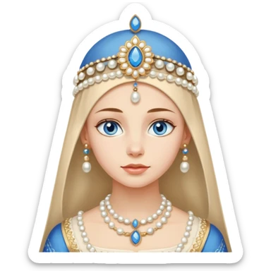 Slavic-looking girl with fair skin and blue eyes, wearing a kokoshnik with pearls and gold sticker