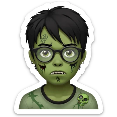 Boy, zombie, black hair, medium long, emo, shaggy, dark, spooky, creepy expression emoji, add dolce gabanna glasses, a risk on the eyebrow, some tattos  sticker