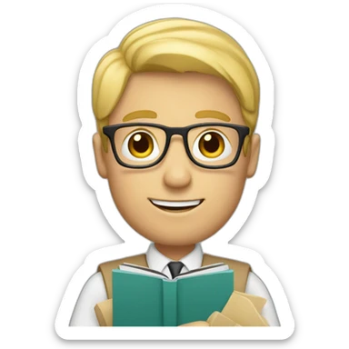 a teacher with blond hair and a book in his hand sticker