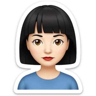 Illustrated emoji of a middle aged woman with short black hair and bangs, white skin and dark eyes sticker