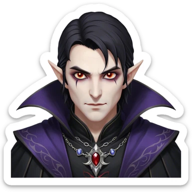 Cinematic Realistic WoW Vampire Mage Portrait, head tilted dramatically with an exaggeratedly amused expression, blending ominous mystique with a wry, unexpected charm. His pallid skin, sleek dark hair, and intricately detailed black robe with silver accents are rendered with lifelike texture and moody, dynamic lighting, high shine, dramatic yet whimsical, capturing a dark mage who wields ancient power with a mischievous glint. sticker