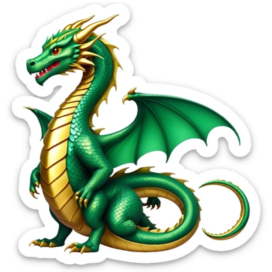 cinematic-noble-dragon-full body-emoji,-poised-and-majestic,-with-a-sinuous,-elongated-build-and-shimmering,-scale-covered-skin-in-hues-of-emerald-and-gold,-piercing,-fiery-eyes,-simplified-yet-sharp-and-sophisticated-features,-highly-detailed, zoomed out showing the serpentine body sticker