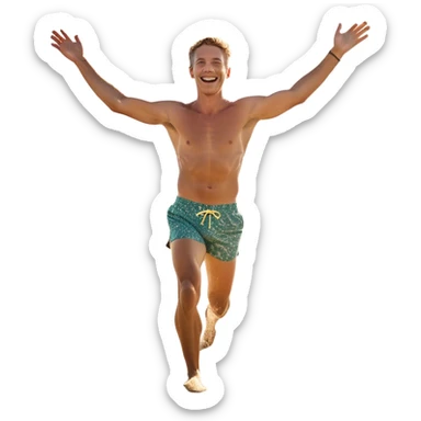 A white man running into the ocean with arms wide open, embracing the waves and the moment. The sun shines warmly, and the water sparkles, symbolizing the joy of creating fun and appreciating life’s simple moments. Their footprints in the sand fade as they fully immerse themselves in the present. sticker
