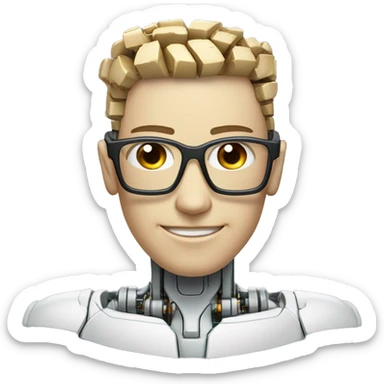Cyborg head with fair skin, flat top haircut, rectangular glasses, circuits and smiling  sticker