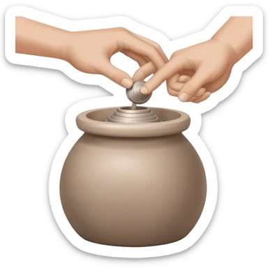 thumb pressing side of a clay ball down onto a silver pottery wheel, thumb at the bottom of the clay, pottery gesture sticker