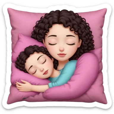 Sleeping girl on pink pillow dark curly hair pale skin sticker