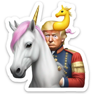 trump holding a unicorn with a rubber duck on the unicorns head sticker