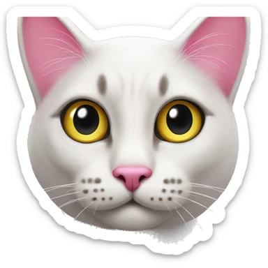 un gatto bianco con un fiocco rosa sull’orecchio sinistro e occhi neri e naso giallo sticker