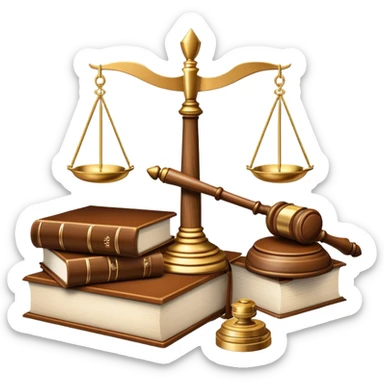 An icon featuring a gavel, scales of justice, and legal books, symbolizing law. The design includes a courthouse building in the background, representing the legal system and justice. Transparent background highlights the authority and structure of the law. sticker