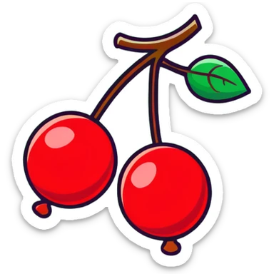 Two plump red cherries hanging from a small branch with green leaves sticker