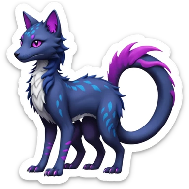 Kawaii dark edgy gloomy black grey white dark-abyssal-blue ethereal feline-vernid-sergal-fursona animal creature with a tufted tail full body with intricate markings with magenta eyes sticker