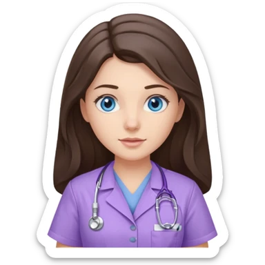 pretty brunette nurse with long hair and blue eyes in lilac scrubs sticker