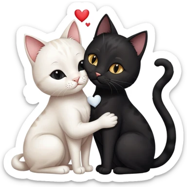 Big black cat is kissing a small white cat with hearts above sticker
