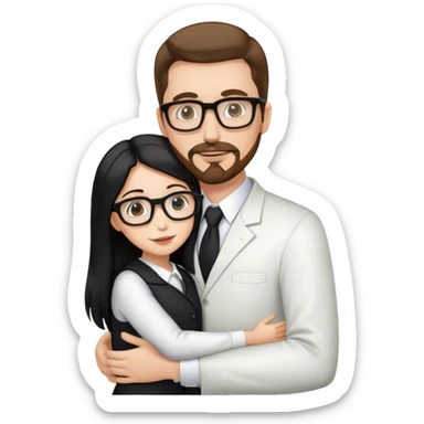 Tall white man brown hair and goatee hugging small woman long black hair square glasses, professional sticker