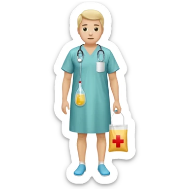 Man, mid 60, with a urine condom and leg bag sticker