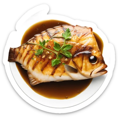 grilled fish fillet with brown butter sauce on white plate sticker