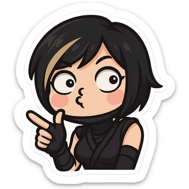 Make the expression weird-cute: sexy chibi ninja girl with black short hair and a blonde streak, only head and arms, making a finger gun gesture, bold outlines, transparent background, no mask, cheeks puffed and eyes looking in different directions, sized for Twitch emoji use. sticker