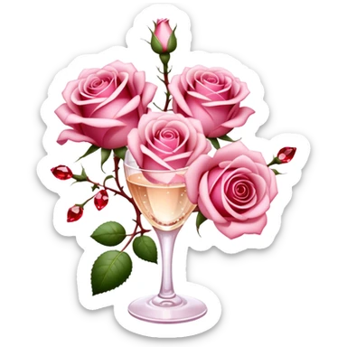Soft pink champagne roses intertwine with glistening rubies, blending elegance with warmth. The delicate petals and deep red gems create a luxurious, romantic scene. sticker