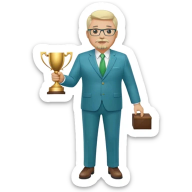 Full Body white middle aged male plus size wearing glasses with a goatee with light blonde and gray very short hair basketball head Coach in blue and green suit holding trophy sticker