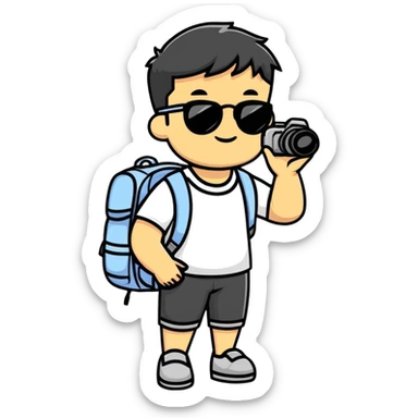 Asian tourist with backpack taking photos, sunglasses sticker